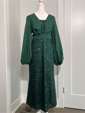 SHEIN Emerald Green Sequin Maxi Dress with Long Blouson Sleeves